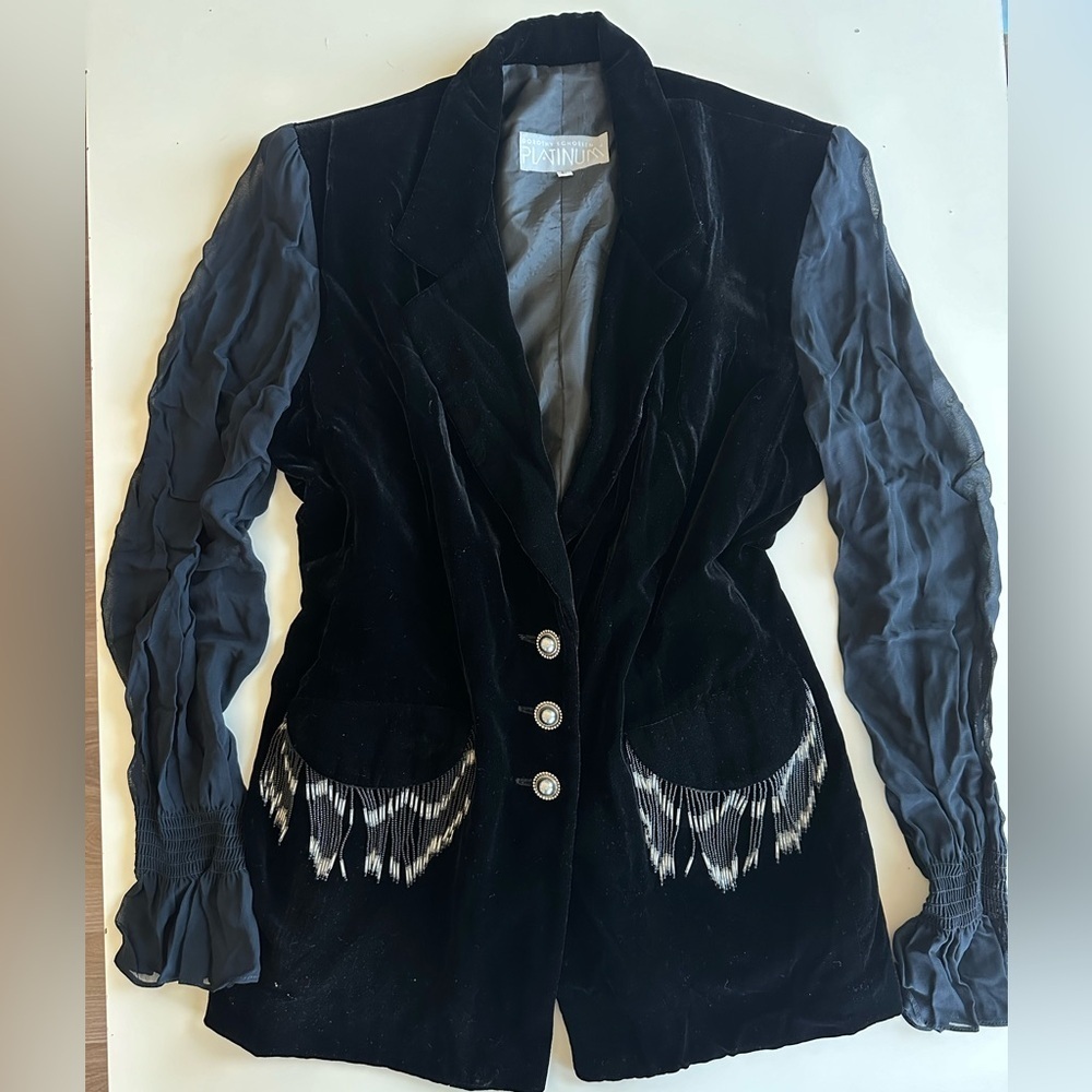 Vtg 80s Dorothy Schoelen Velvet Evening Silk Sheer Sleeves beaded Fringe Blazer - Picture 1 of 15